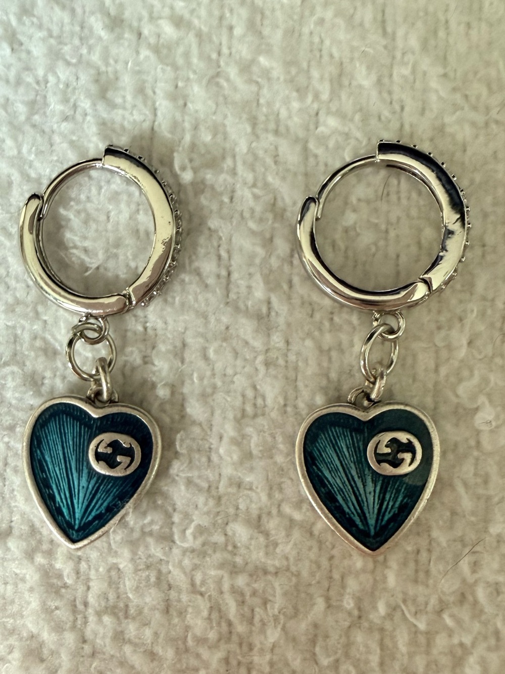 GG Silver Hug Hoop Earrings with Blue Heart Charms